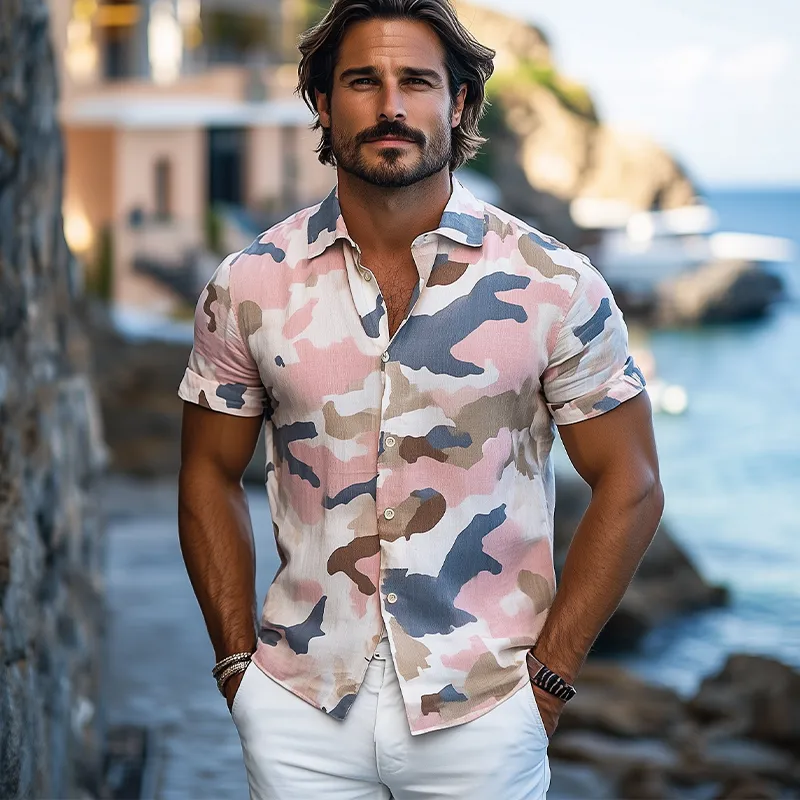 Men's Summer Fashion Casual Cotton and Linen Camouflage Print Short-sleeved Shirt MTA2709D3K sold by Manly product image thumbnail 4