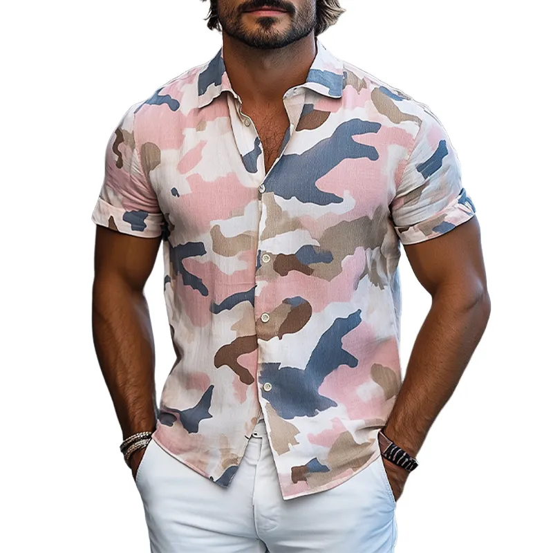 Men's Summer Fashion Casual Cotton and Linen Camouflage Print Short-sleeved Shirt MTA2709D3K sold by Manly