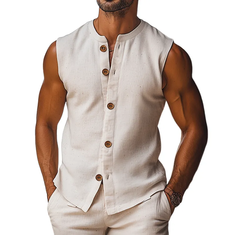 Men's Summer Fashion Casual Lapel Cotton and Linen Slim Fit Wooden Button Tank Top MTA2776D6K sold by Manly