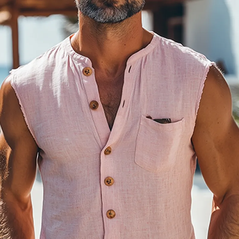 Men's Summer Fashion Casual Lapel Cotton Linen Slim Pocket Tank Top MTA2703D8K sold by Manly product image thumbnail 4