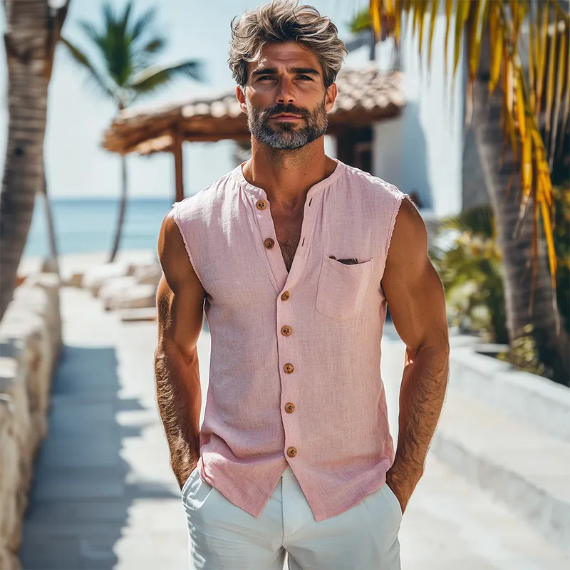 Men's Summer Fashion Casual Lapel Cotton Linen Slim Pocket Tank Top MTA2703D8K sold by Manly product image thumbnail 3