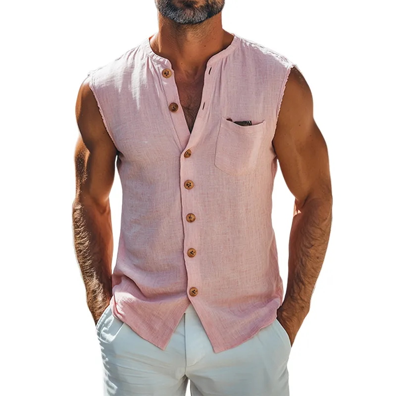 Men's Summer Fashion Casual Lapel Cotton Linen Slim Pocket Tank Top MTA2703D8K sold by Manly