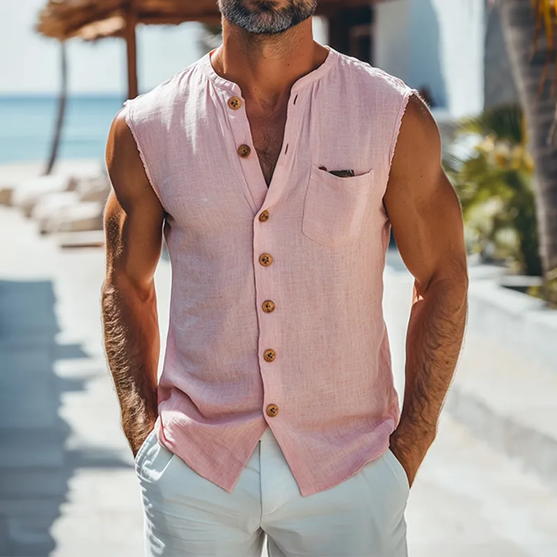 Men's Summer Fashion Casual Lapel Cotton Linen Slim Pocket Tank Top MTA2703D8K sold by Manly product image thumbnail 2