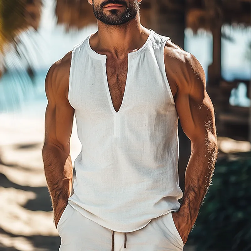 Men's summer fashion casual deep V-neck cotton and linen slim Tank Top MTA2704D1K sold by Manly product image thumbnail 2