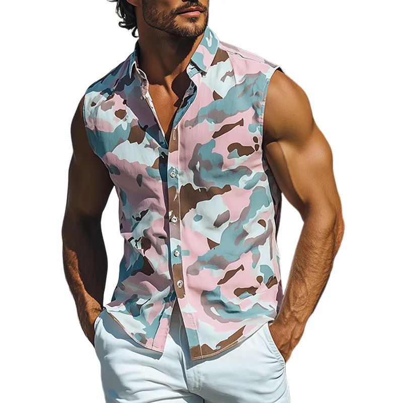 Men's Summer Fashion Casual Cotton Blended Camouflage Printed Lapel Tank Top MTA2783D3K sold by Manly