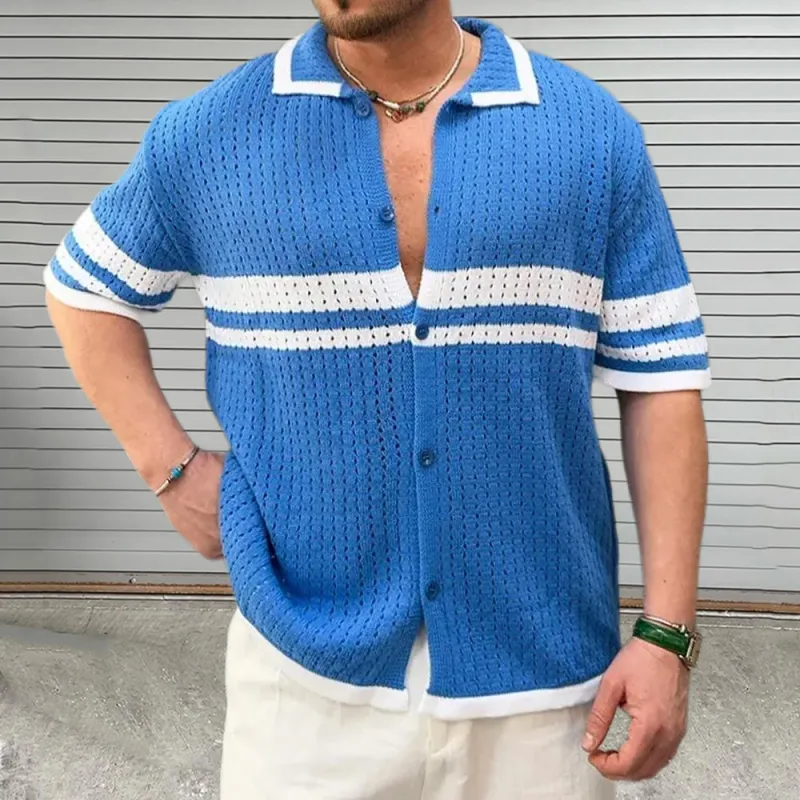 Men's Casual Color Block Striped Lapel Single Breasted Slim Fit Knitted Short Sleeve Shirt MTA2758D3M sold by Manly product image thumbnail 5