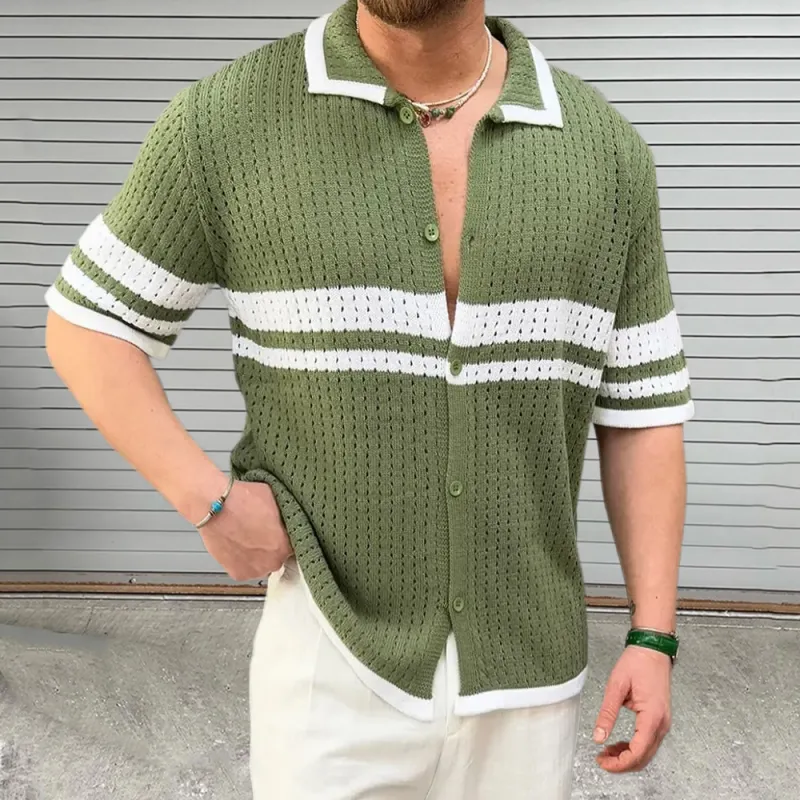 Men's Casual Color Block Striped Lapel Single Breasted Slim Fit Knitted Short Sleeve Shirt MTA2758D3M sold by Manly product image thumbnail 4