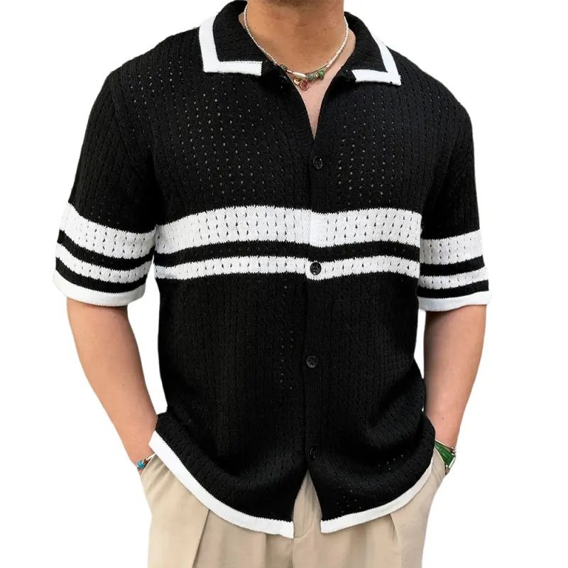 Men's Casual Color Block Striped Lapel Single Breasted Slim Fit Knitted Short Sleeve Shirt MTA2758D3M sold by Manly