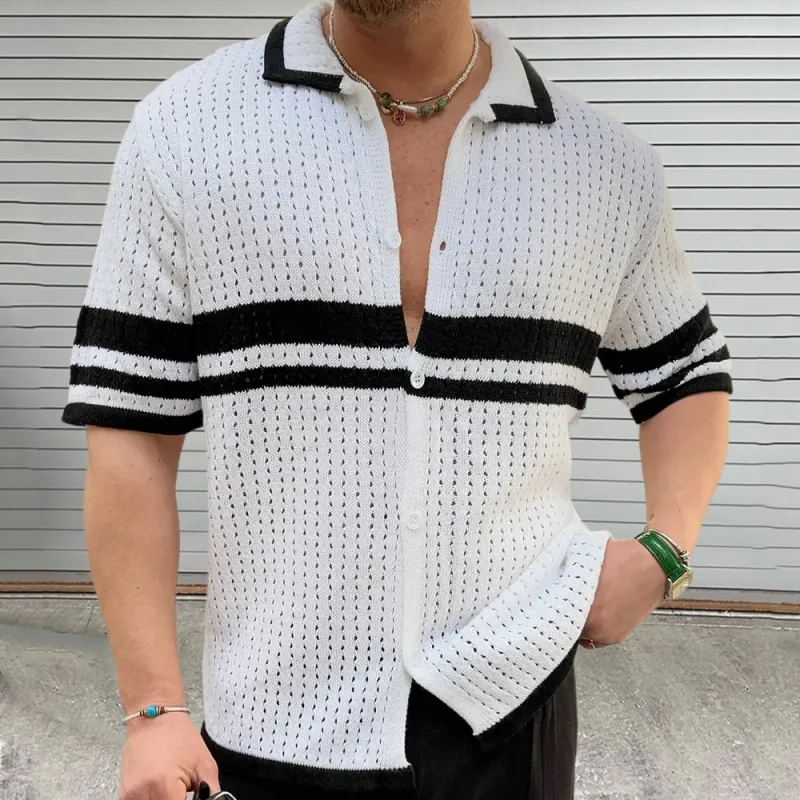 Men's Casual Color Block Striped Lapel Single Breasted Slim Fit Knitted Short Sleeve Shirt MTA2758D3M sold by Manly product image thumbnail 3