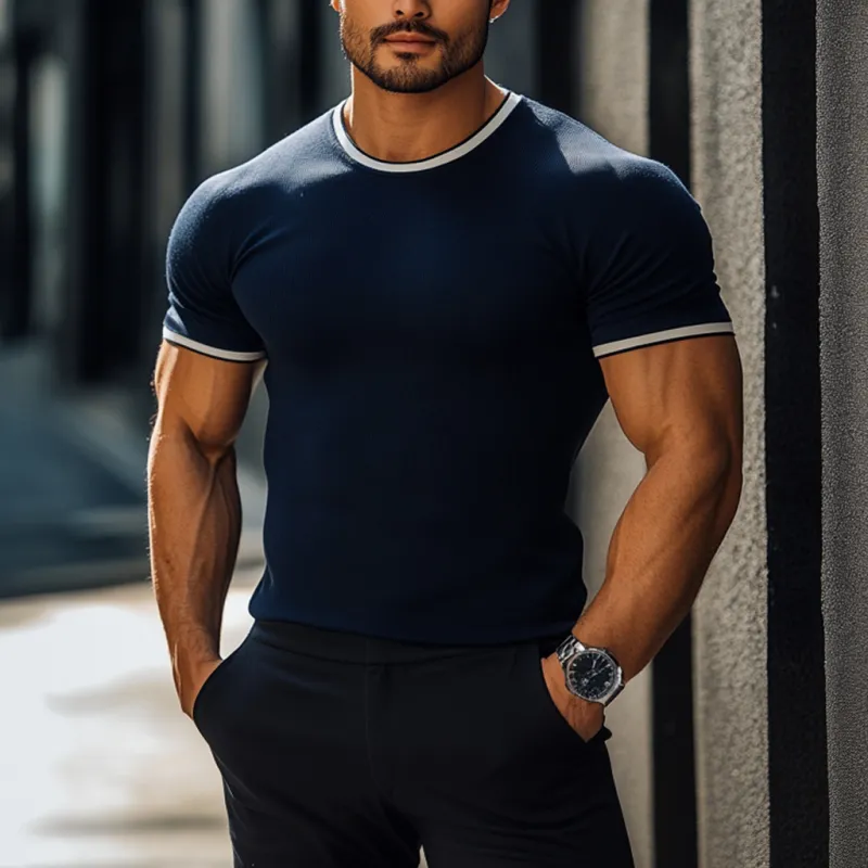 Men's Casual Color Blocked Round Neck Slim Fit Knitted Short Sleeve Sweater T-Shirt MTA2761D3M sold by Manly product image thumbnail 2