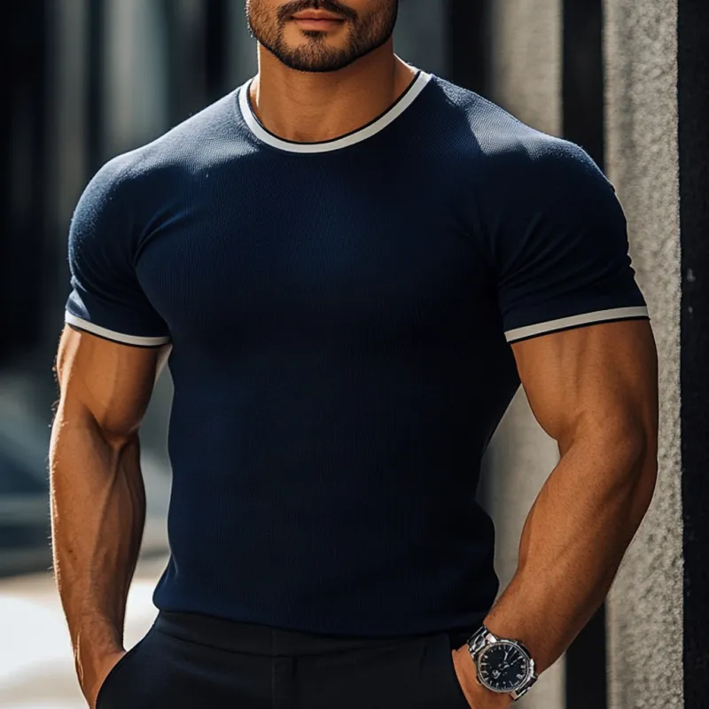 Men's Casual Color Blocked Round Neck Slim Fit Knitted Short Sleeve Sweater T-Shirt MTA2761D3M sold by Manly product image thumbnail 3