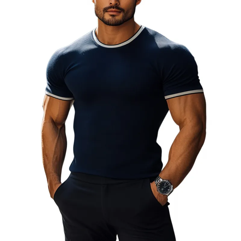 Men's Casual Color Blocked Round Neck Slim Fit Knitted Short Sleeve Sweater T-Shirt MTA2761D3M sold by Manly