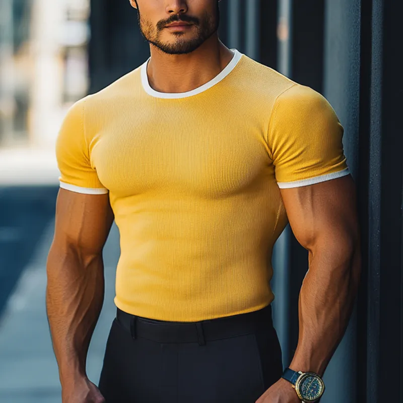 Men's Casual Colorblock Elastic Stripe Round Neck Slim Fit Short Sleeve T-shirt MTA2794D5M sold by Manly product image thumbnail 2