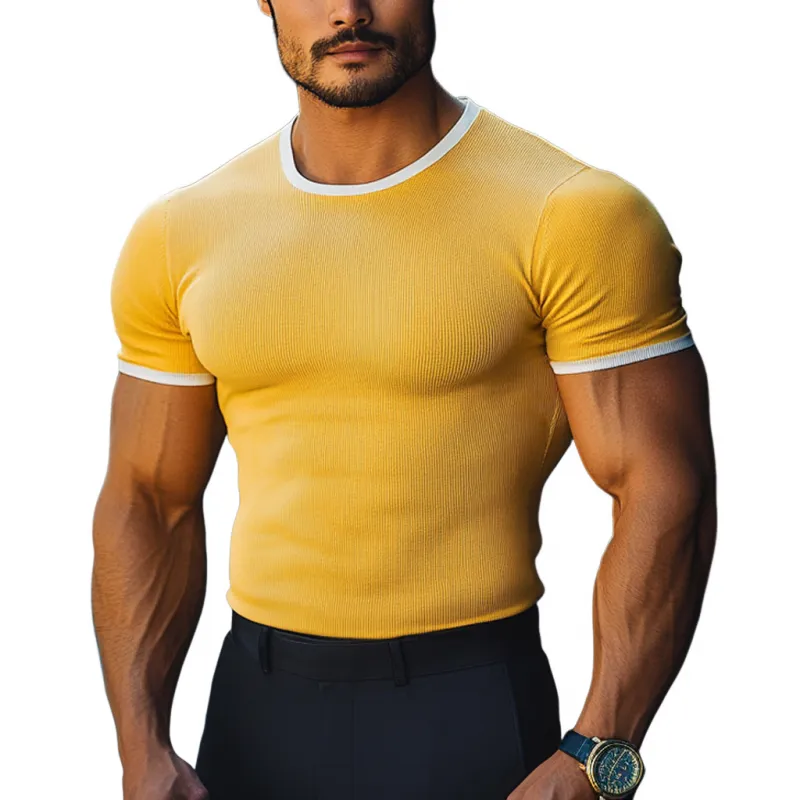 Men's Casual Colorblock Elastic Stripe Round Neck Slim Fit Short Sleeve T-shirt MTA2794D5M sold by Manly