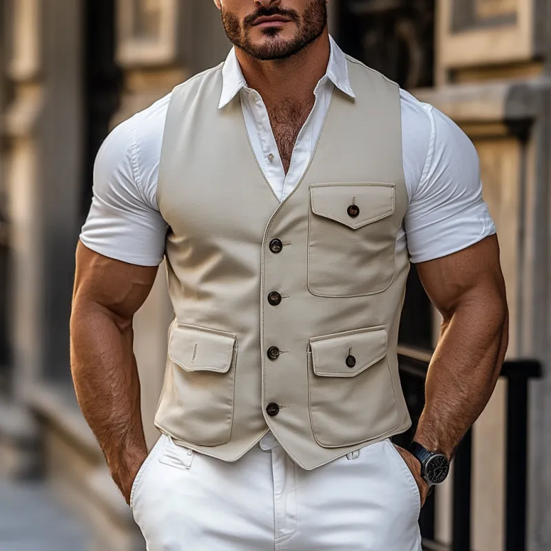 Men's Vintage High Quality Cotton V-Neck Single Breasted Multi-Pocket Work Vest MTA2781D6M sold by Manly product image thumbnail 2