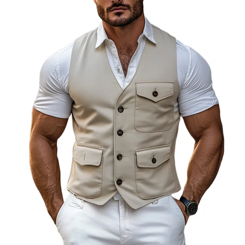 Men's Vintage High Quality Cotton V-Neck Single Breasted Multi-Pocket Work Vest MTA2781D6M sold by Manly