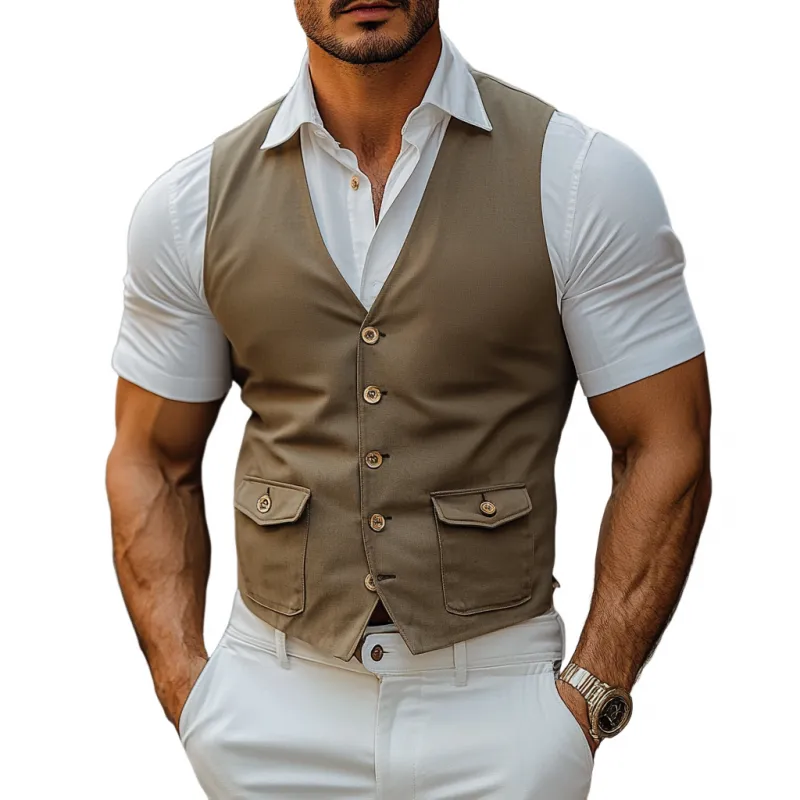 Men's Vintage Cotton Washed V-Neck Single-Breasted Slim Fit Workwear Vest MTA2764D9M sold by Manly