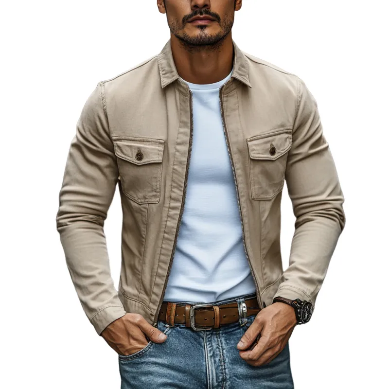Men's Casual Premium Cotton Washed Lapel Zipper Slim Fit Cargo Jacket MTA2512D5M sold by Manly