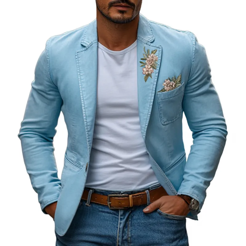 Men's Casual Cotton Washed Distressed Notch Lapel Flower Embroidery Slim Fit Blazer MTA2774D8M sold by Manly
