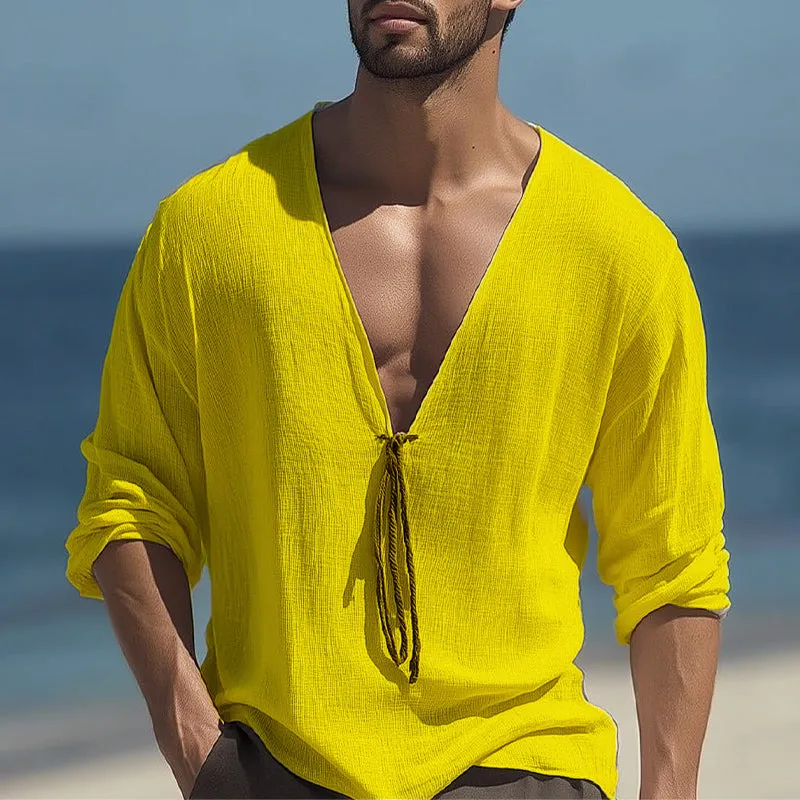 Men's Deep V-neck Lace-up Textured Casual Long-sleeved T-shirt MTA2726D5U sold by Manly product image thumbnail 4