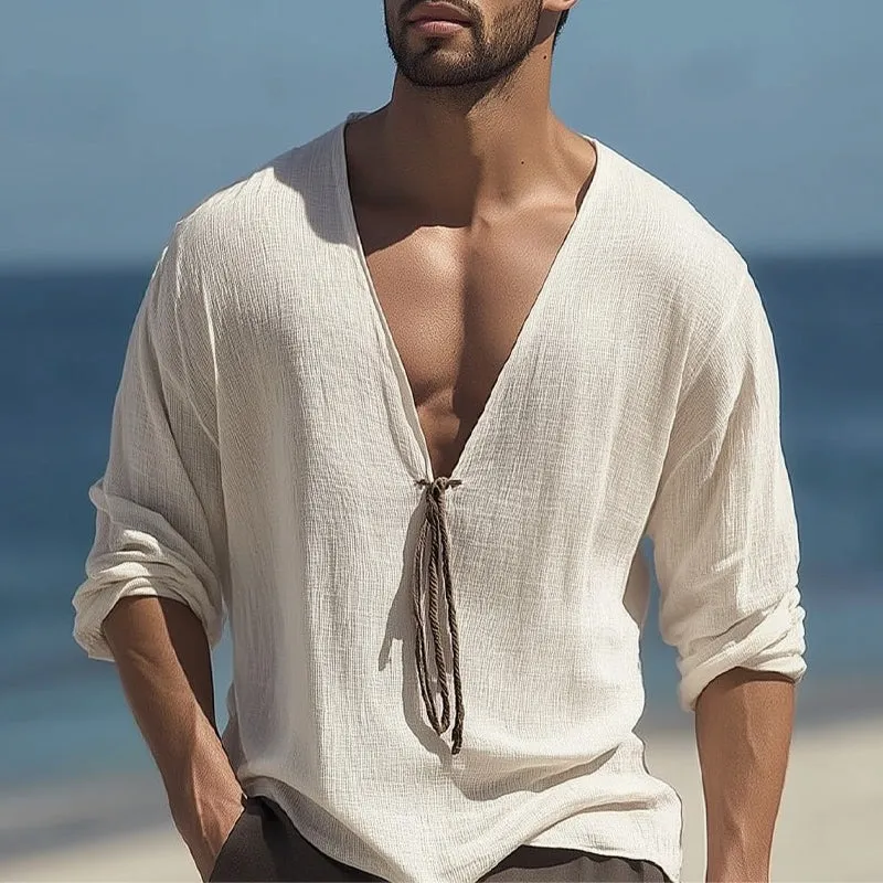 Men's Deep V-neck Lace-up Textured Casual Long-sleeved T-shirt MTA2726D5U sold by Manly product image thumbnail 2