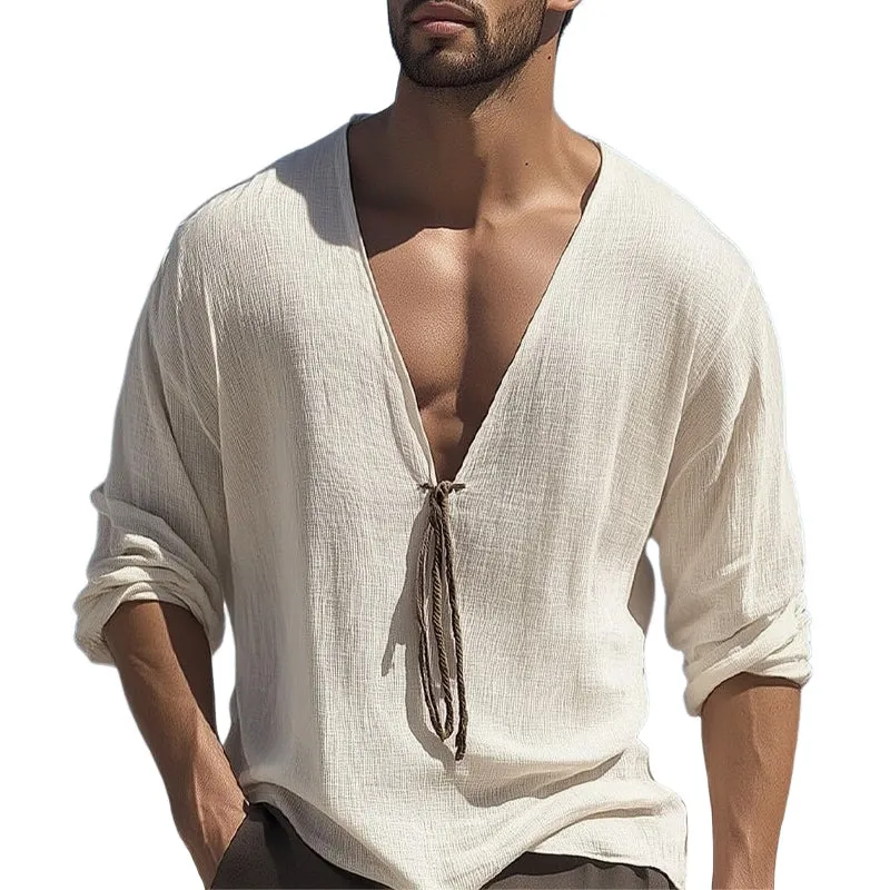 Men's Deep V-neck Lace-up Textured Casual Long-sleeved T-shirt MTA2726D5U sold by Manly