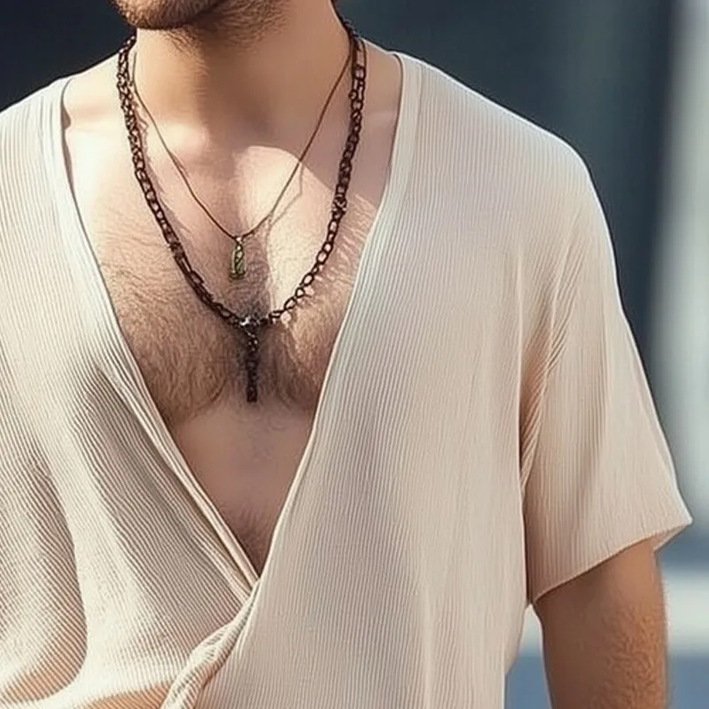 Men’s Classic Deep V-Neck Textured Loose T-Shirt MTA2781D3U sold by Manly product image thumbnail 3