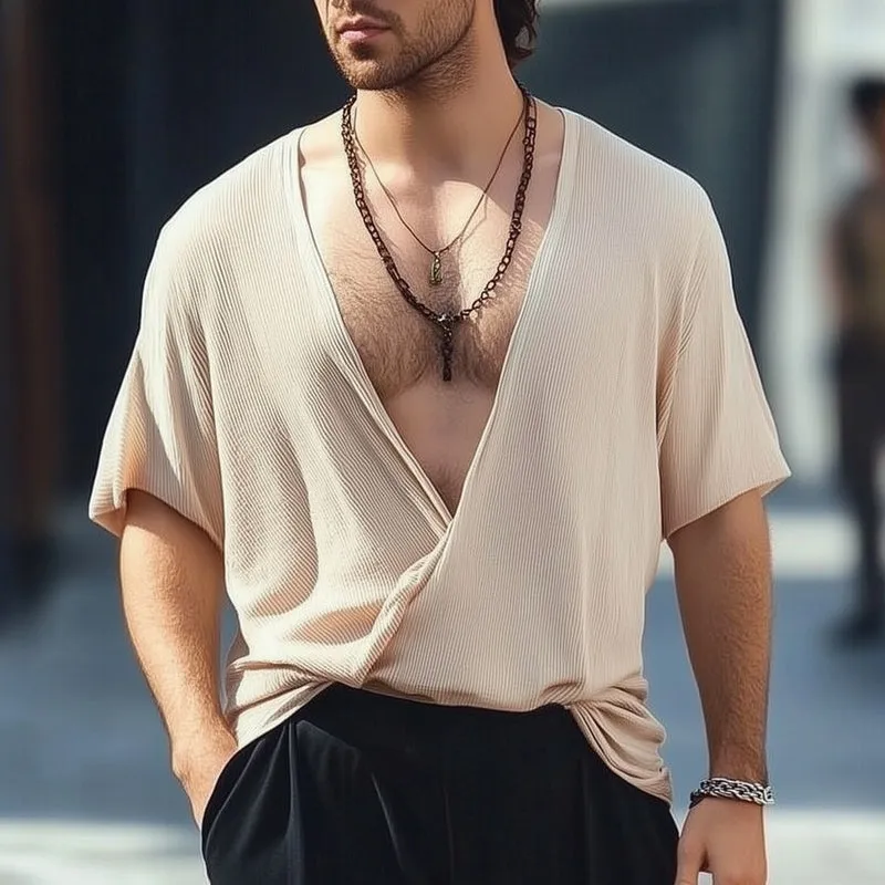 Men’s Classic Deep V-Neck Textured Loose T-Shirt MTA2781D3U sold by Manly product image thumbnail 2
