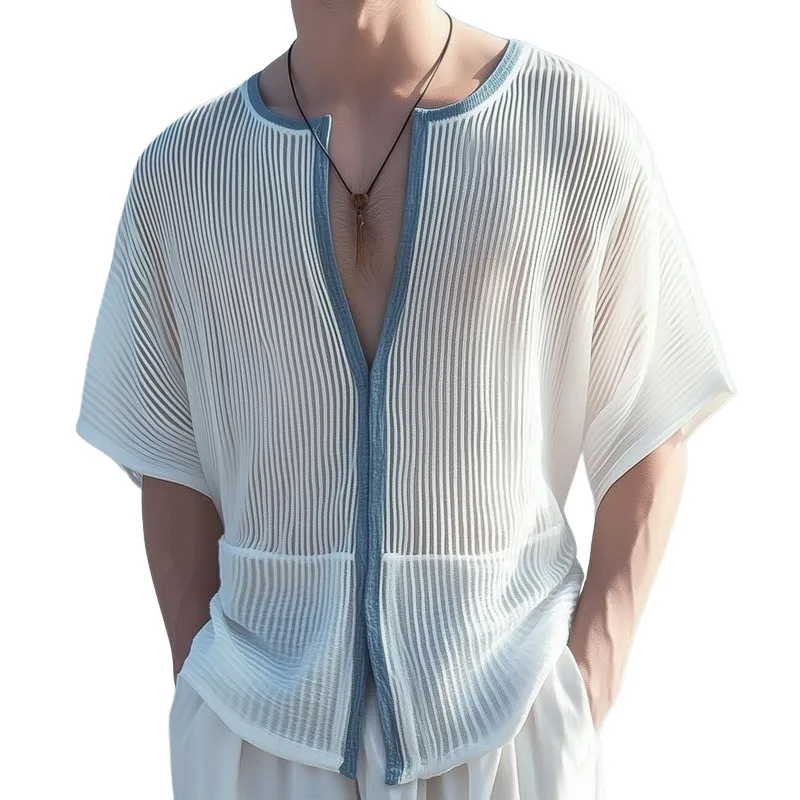 Men's Classic Deep V Neck Textured Striped Loose T-Shirt MTA2797D1U sold by Manly