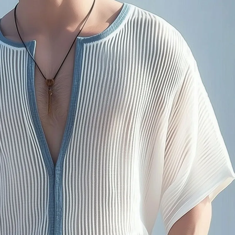 Men's Classic Deep V Neck Textured Striped Loose T-Shirt MTA2797D1U sold by Manly product image thumbnail 3