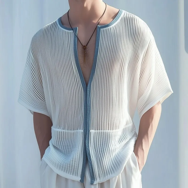 Men's Classic Deep V Neck Textured Striped Loose T-Shirt MTA2797D1U sold by Manly product image thumbnail 2