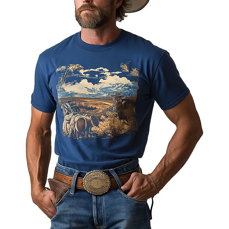 Men's Summer Western Cowboy Style Printed Cotton Blended Short Sleeve T-Shirt MTA2996D5P sold by Manly