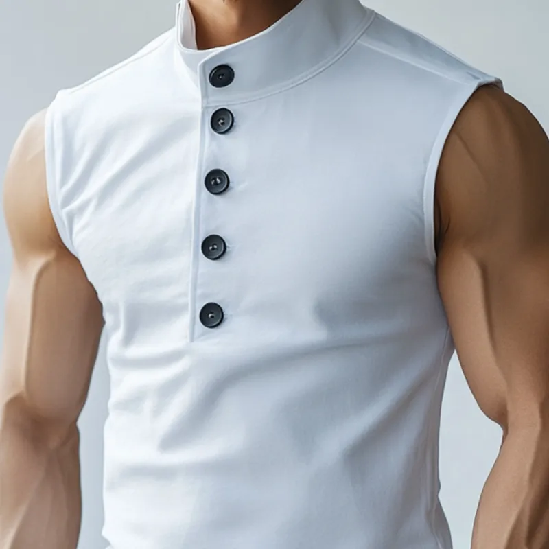 Men's Casual Soft Cotton Button Stand Collar Slim Fit Tank Top MTA2830D3M sold by Manly product image thumbnail 3