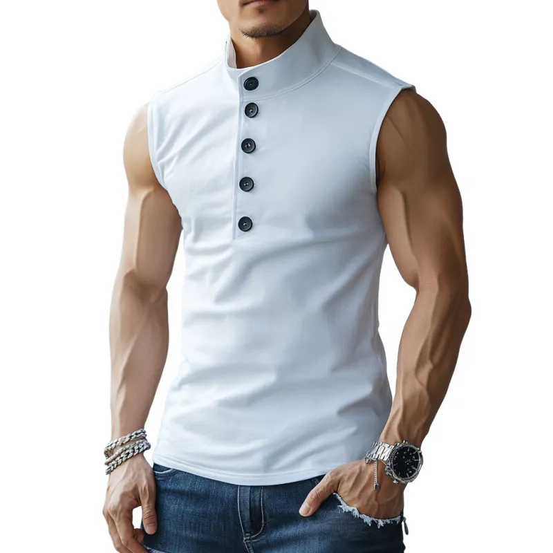 Men's Casual Soft Cotton Button Stand Collar Slim Fit Tank Top MTA2830D3M sold by Manly