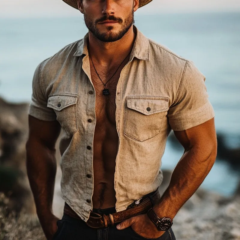 Men's Cotton And Linen Casual Single-Breasted Short-Sleeved Shirt MTA2923D1X sold by Manly product image thumbnail 2