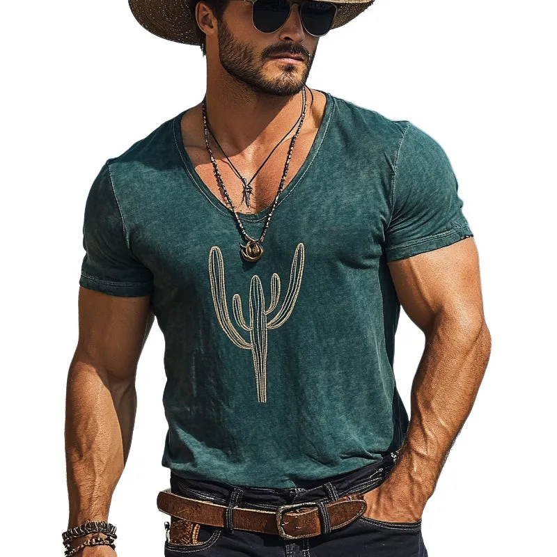 Men's Cactus Embroidered Cotton Blend Short Sleeve T-Shirt MTA2968D1X sold by Manly