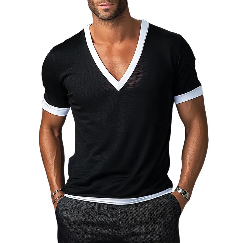 Men's Contrast V-Neck Basic Cotton Blend Short Sleeve T-Shirt MTA2917D2X sold by Manly