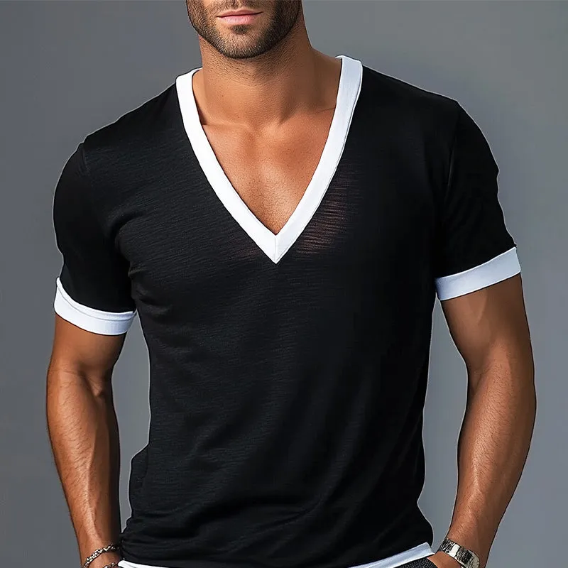 Men's Contrast V-Neck Basic Cotton Blend Short Sleeve T-Shirt MTA2917D2X sold by Manly product image thumbnail 3