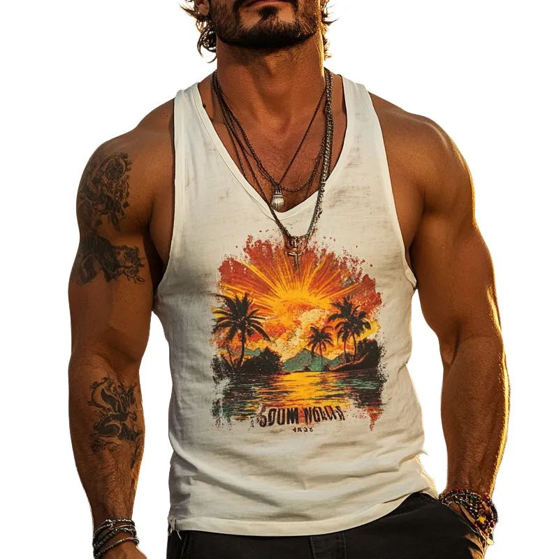 Men's Hawaiian Vacation Print Crew Neck Tank Top MTA2923D5X sold by Manly