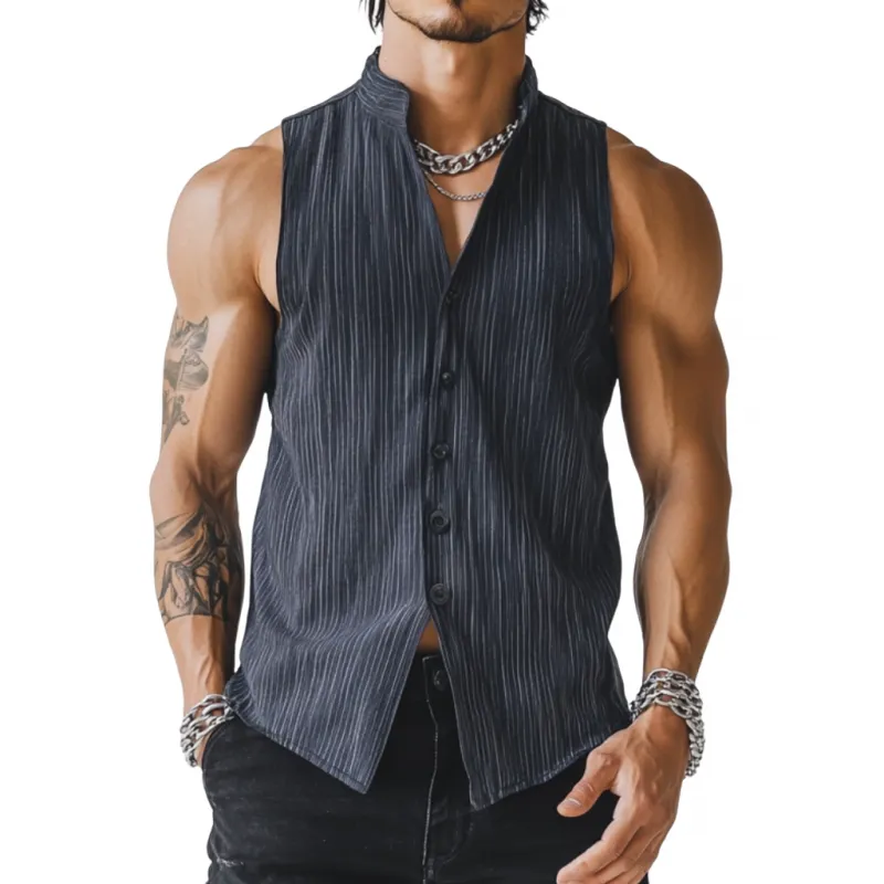Men's Casual Breathable Linen Pinstripe Stand Collar Slim Fit Sleeveless Shirt MTA2800D3M sold by Manly