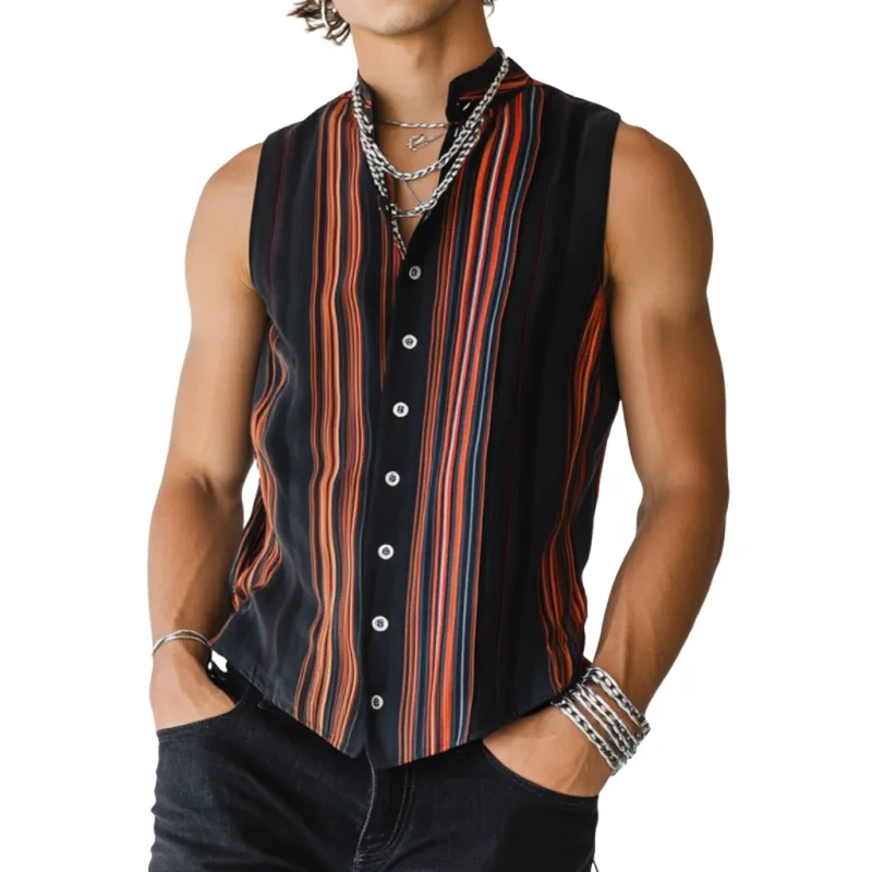 Men's Casual Contrast Color Stripe Print Stand Collar Slim Fit Sleeveless Shirt MTA2885D5M sold by Manly