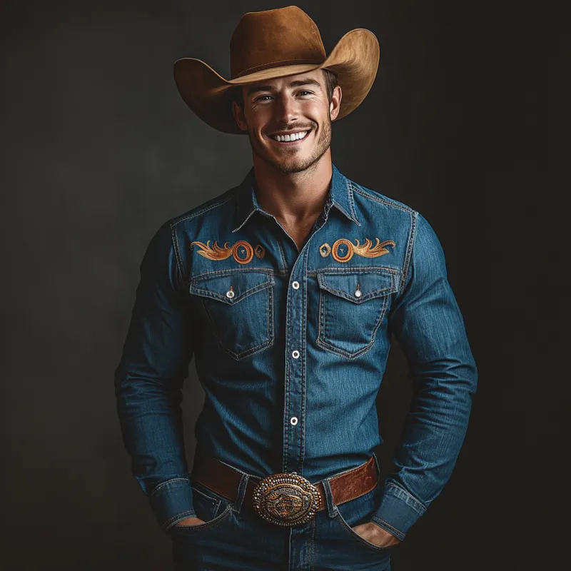 Men's Vintage Western Cowboy Lapel Chest Pocket Embroidery Washed Denim Long Sleeve Shirt MTA2848D5M sold by Manly product image thumbnail 3