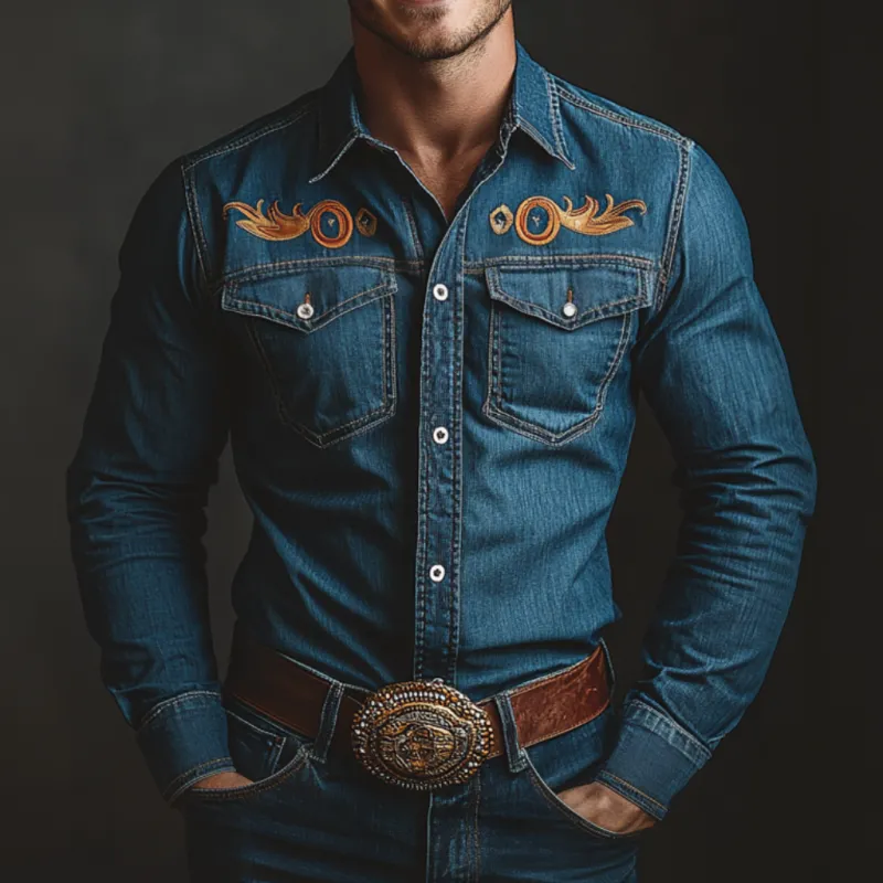 Men's Vintage Western Cowboy Lapel Chest Pocket Embroidery Washed Denim Long Sleeve Shirt MTA2848D5M sold by Manly product image thumbnail 2