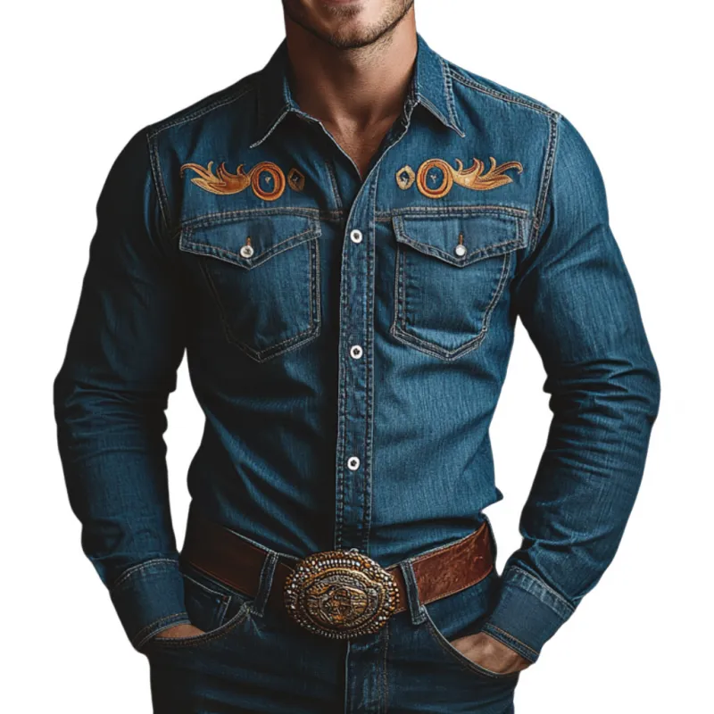 Men's Vintage Western Cowboy Lapel Chest Pocket Embroidery Washed Denim Long Sleeve Shirt MTA2848D5M sold by Manly