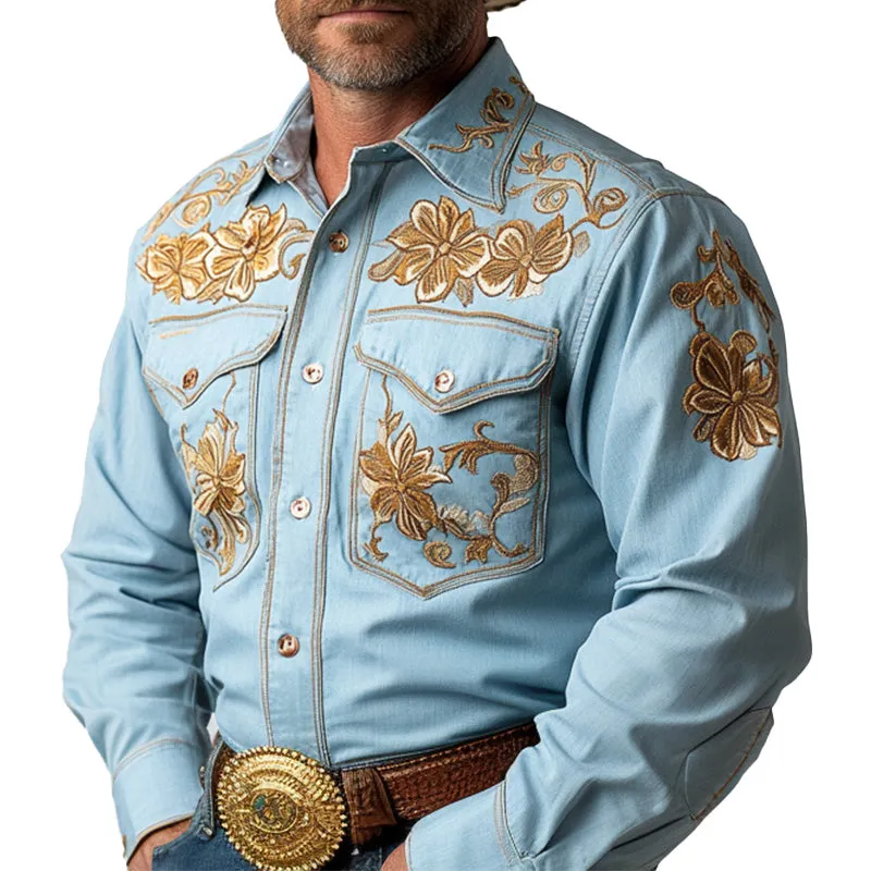 Men's Summer Western Cowboy Style Thin Denim Embroidered Long-Sleeved Shirt MTA2847D4P sold by Manly