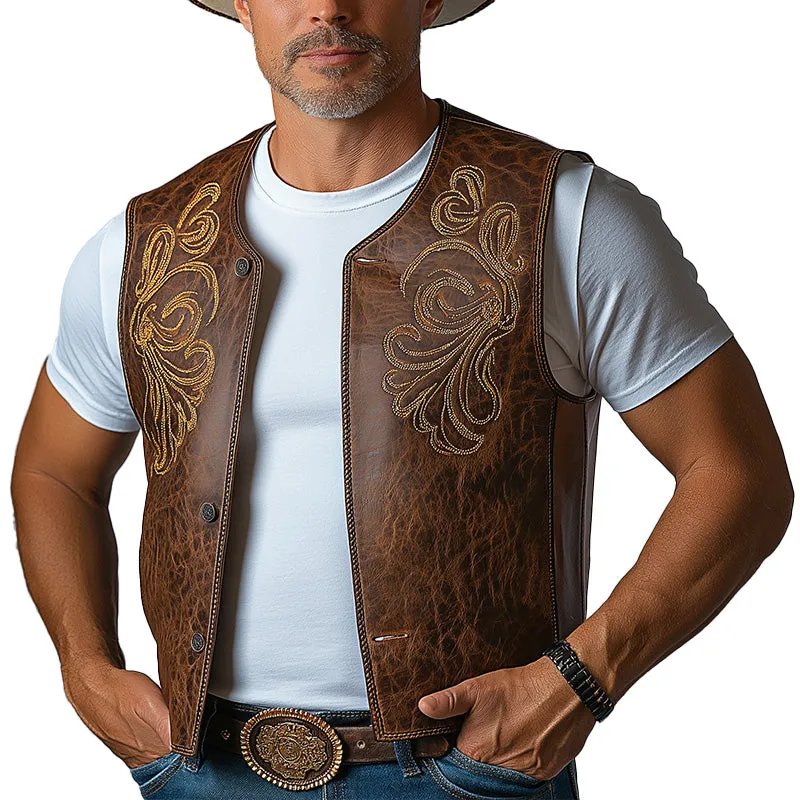 Men's Summer Western Cowboy Style Leather Embroidered Vest MTA2928D5P sold by Manly