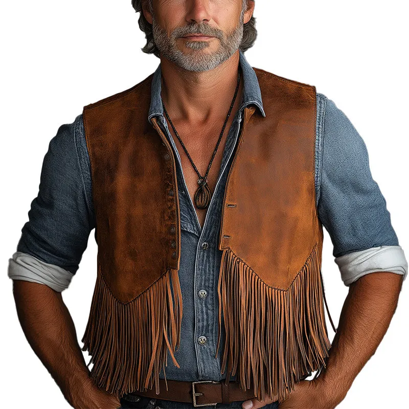 Men's Summer Western Cowboy Style Leather Tassel Vest MTA2995D9P sold by Manly