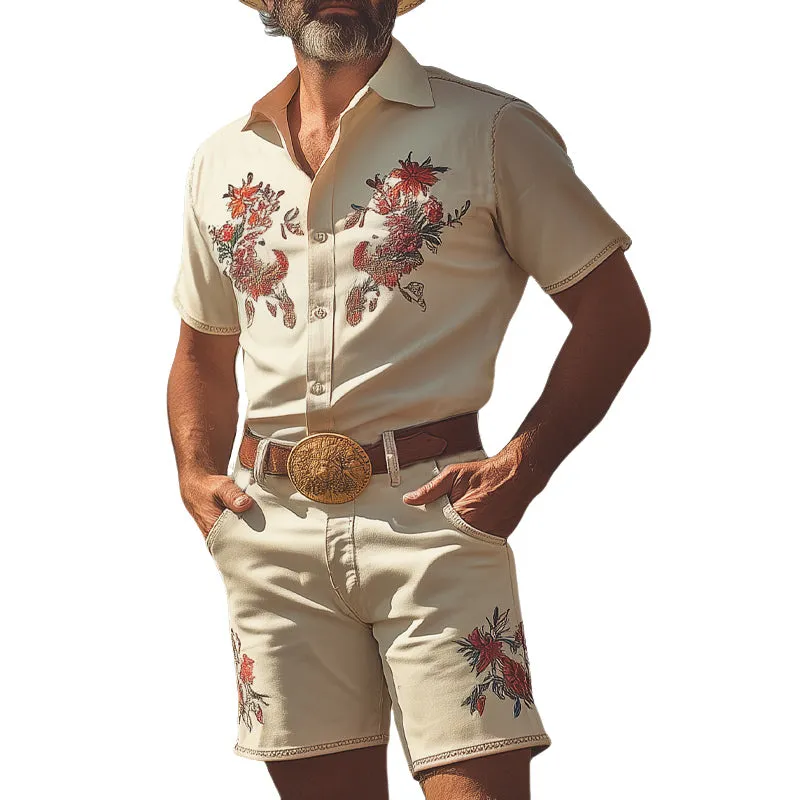 Men's Summer Western Cowboy Style Retro Embroidery Short Sleeve Shirt Shorts Set MTA2963D2U sold by Manly