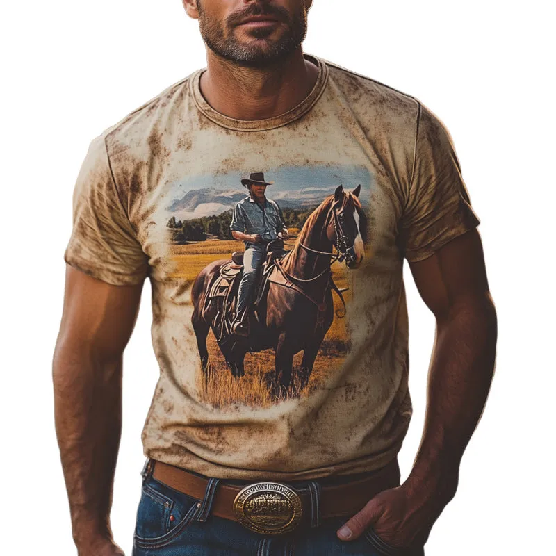 Men's Summer Western Cowboy Style Retro Print Round Neck T-Shirt MTA2934D7U sold by Manly