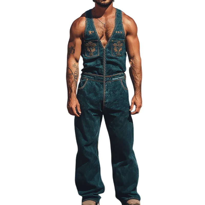 Men's Summer Fashion Retro Western Cowboy Style Denim Embroidery Jumpsuit MTA2880D2K sold by Manly
